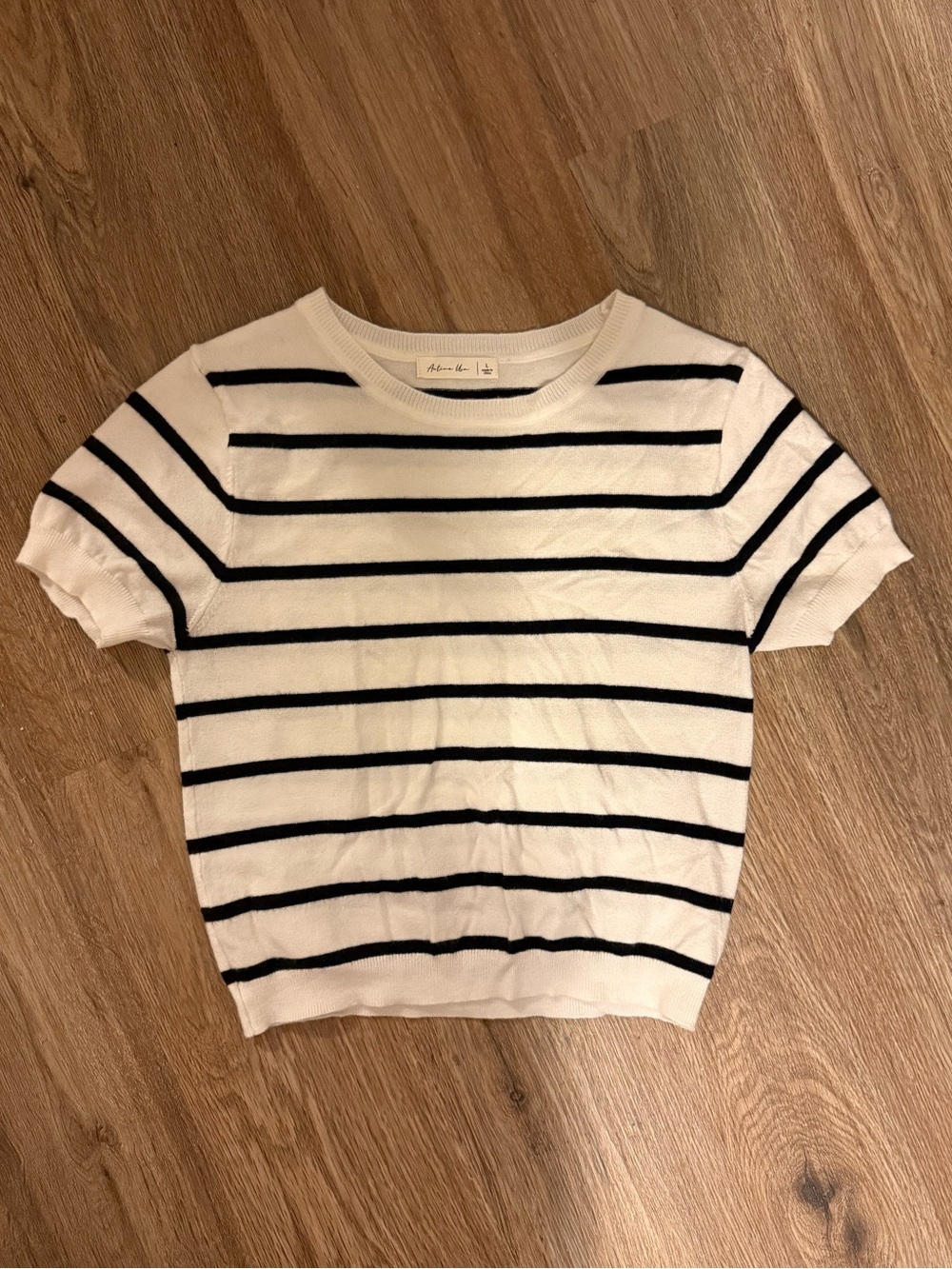 White Short-Sleeve Knit Top with Black Stripes